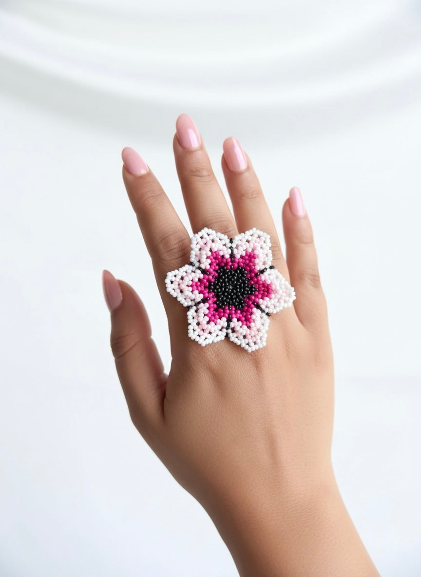Blossoming Pink Flower Handmade Beaded Ring