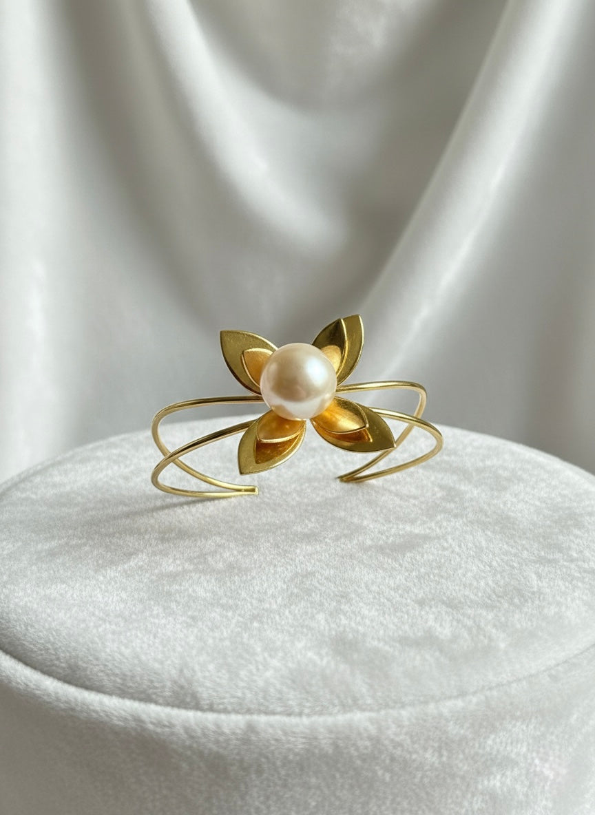 Pearl Flower Handmade Brass Cuff Bracelet