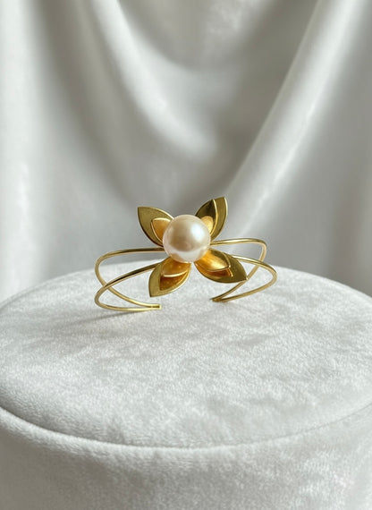 Pearl Flower Handmade Brass Cuff Bracelet