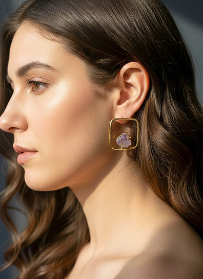 Sera Lilac Square Stud Handmade Brass Earrings