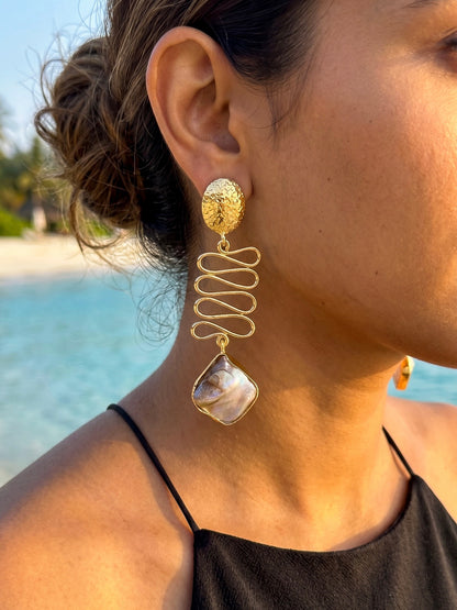 Wavy Mother of Pearl Drop Handmade Brass Earrings