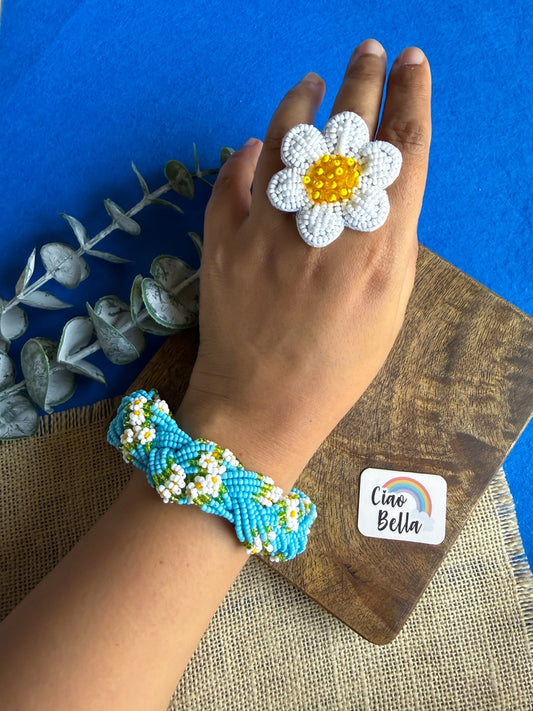 Luxe Flora Aqua Blue Handmade Beaded Bracelet + Ring Combo