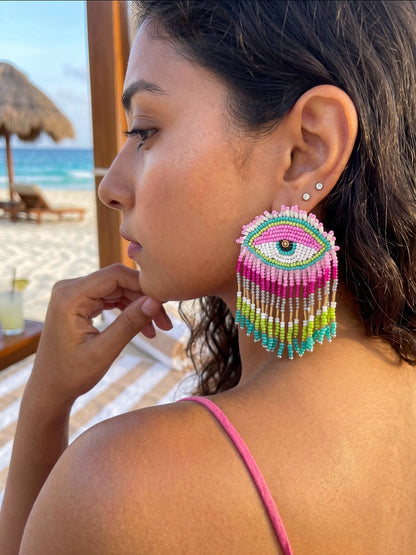 Cotton Candy Pink Evil Eye Handmade Beaded Tassel Earrings