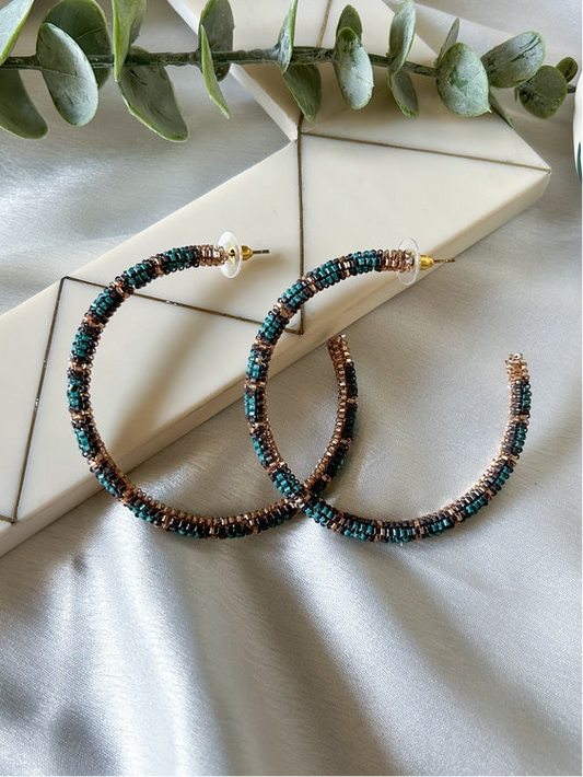 Golden Teal Fusion Hoop Handmade Beaded Earrings