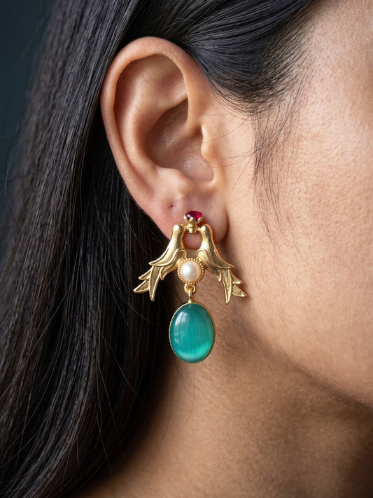 Love Birds Teal Monalisa Stone Handmade Brass Earrings
