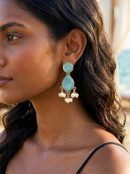 Gem Drop – Aqua Blue Handmade Brass Earrings
