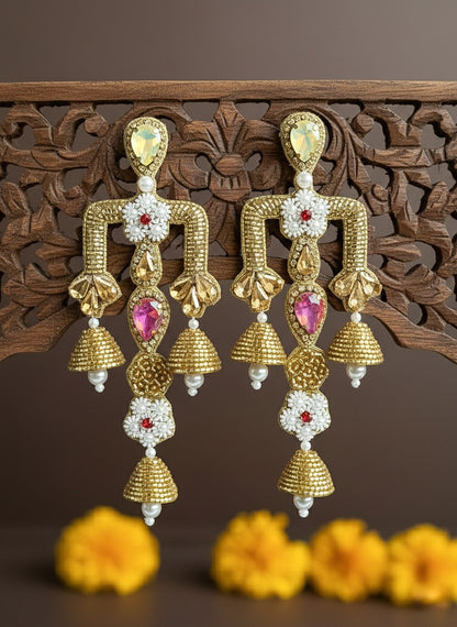 Rajwada Yellow Pink Danglers Handmade Beaded Statement Earrings