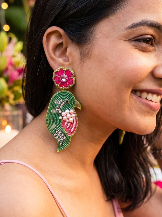 Blooming Birdie Green Pink Handmade Beaded Earrings