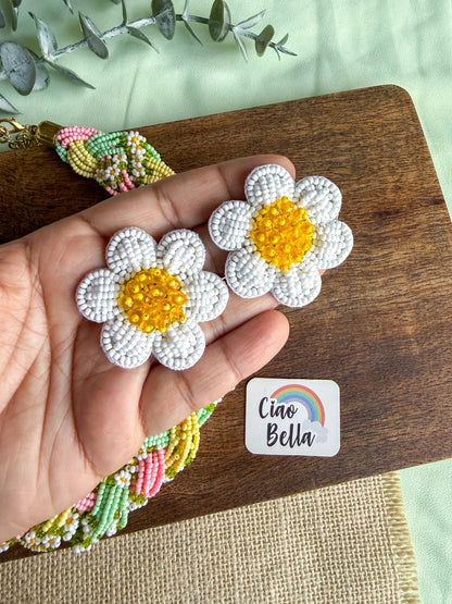 Luxe Flora Green Pink Yellow Handmade Beaded Necklace + Earrings Set