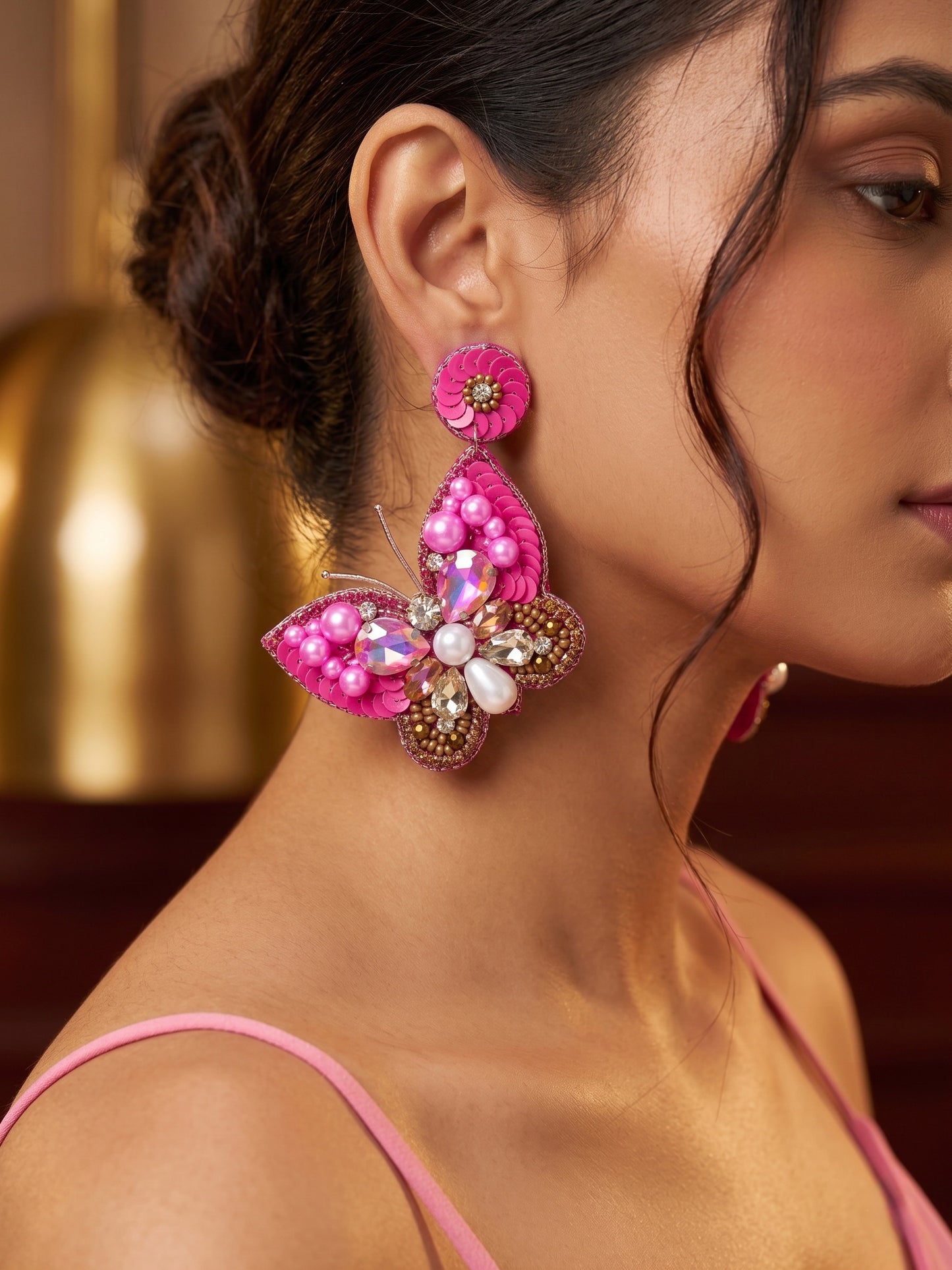 Luxe Crystal Hot Pink Handmade Beaded Butterfly Earrings