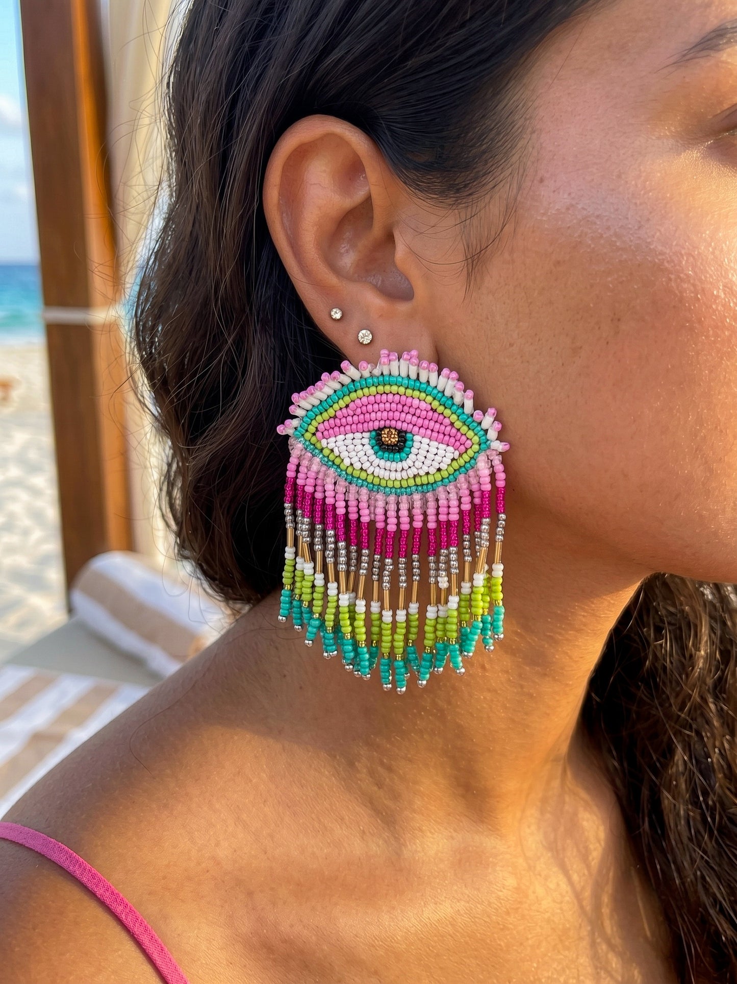 Cotton Candy Pink Evil Eye Handmade Beaded Tassel Earrings