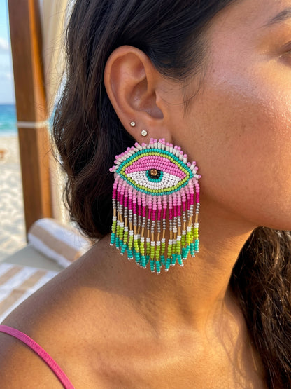 Cotton Candy Pink Evil Eye Handmade Beaded Tassel Earrings