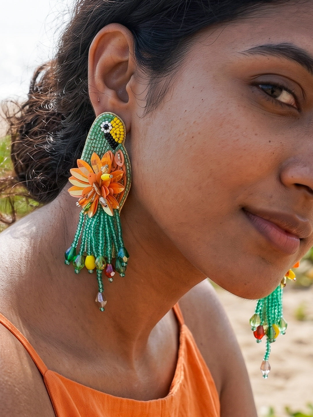 Luxe Paradise Teal Mint Lagoon Orange Parrot Handmade Beaded Bird Earrings