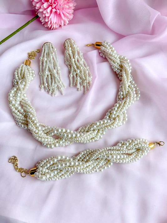 Noor Twisted Pearl Fall Handmade Necklace + Bracelet + Earrings Set