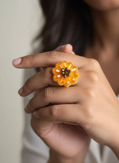 Sunflower Sparkle Handmade Beaded Flower Ring