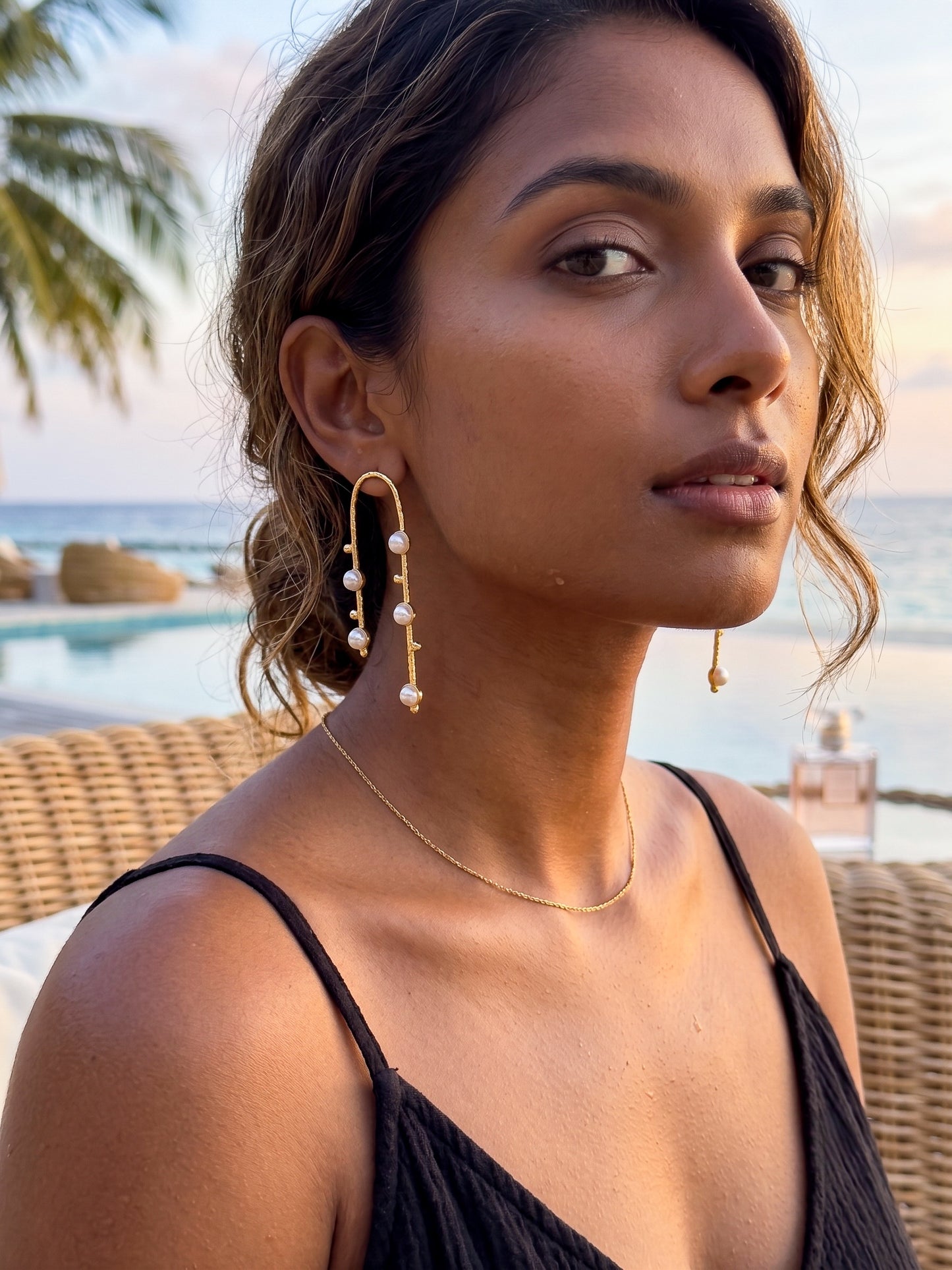 Celestial Arc Pearl Handmade Brass Earrings