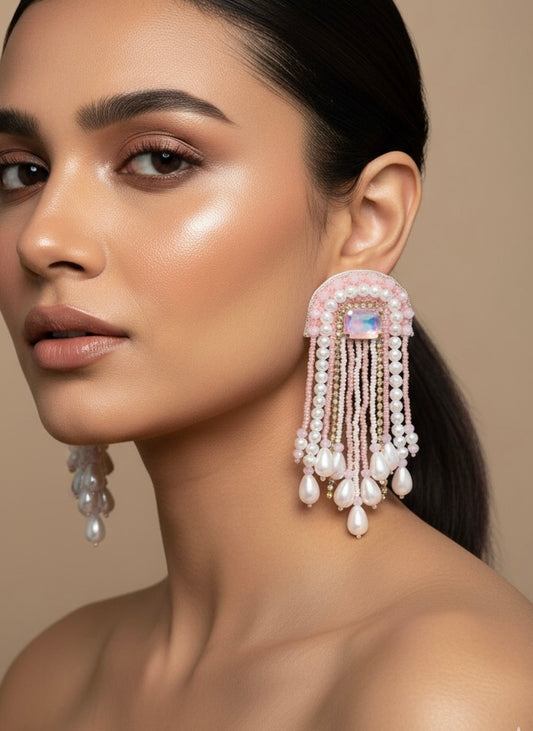 Chandni Drops Pink Handmade Beaded Tassel Earrings