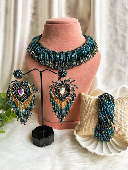 Meher Peacock Handmade Necklace + Earrings + Bracelet Set