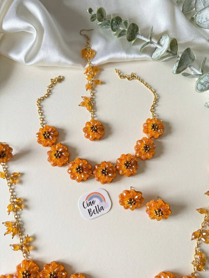 Sparkling Sunflower Handmade Beaded Haldi Jewellery Set (Necklace + Earrings + Hathphools + Maangtika)