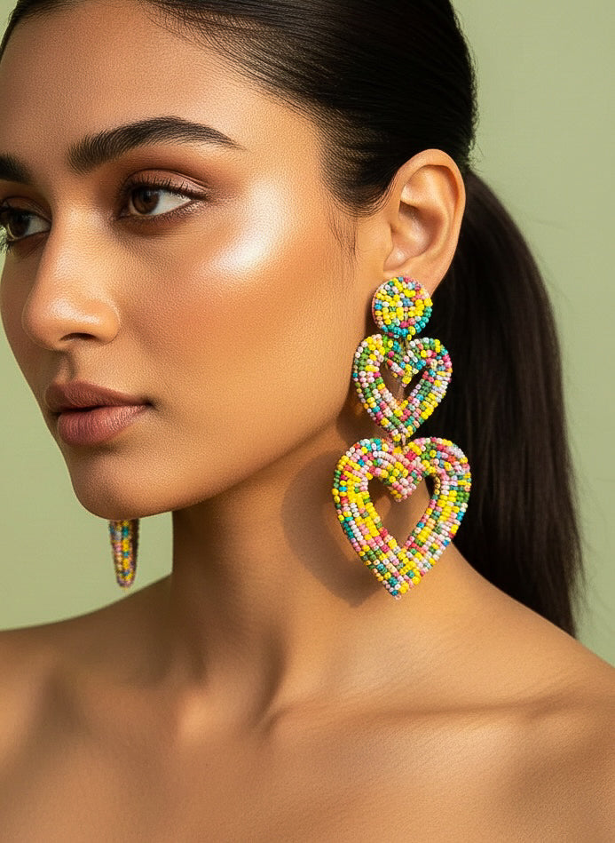 Rainbow Confetti Handmade Beaded Heart Shape Earrings