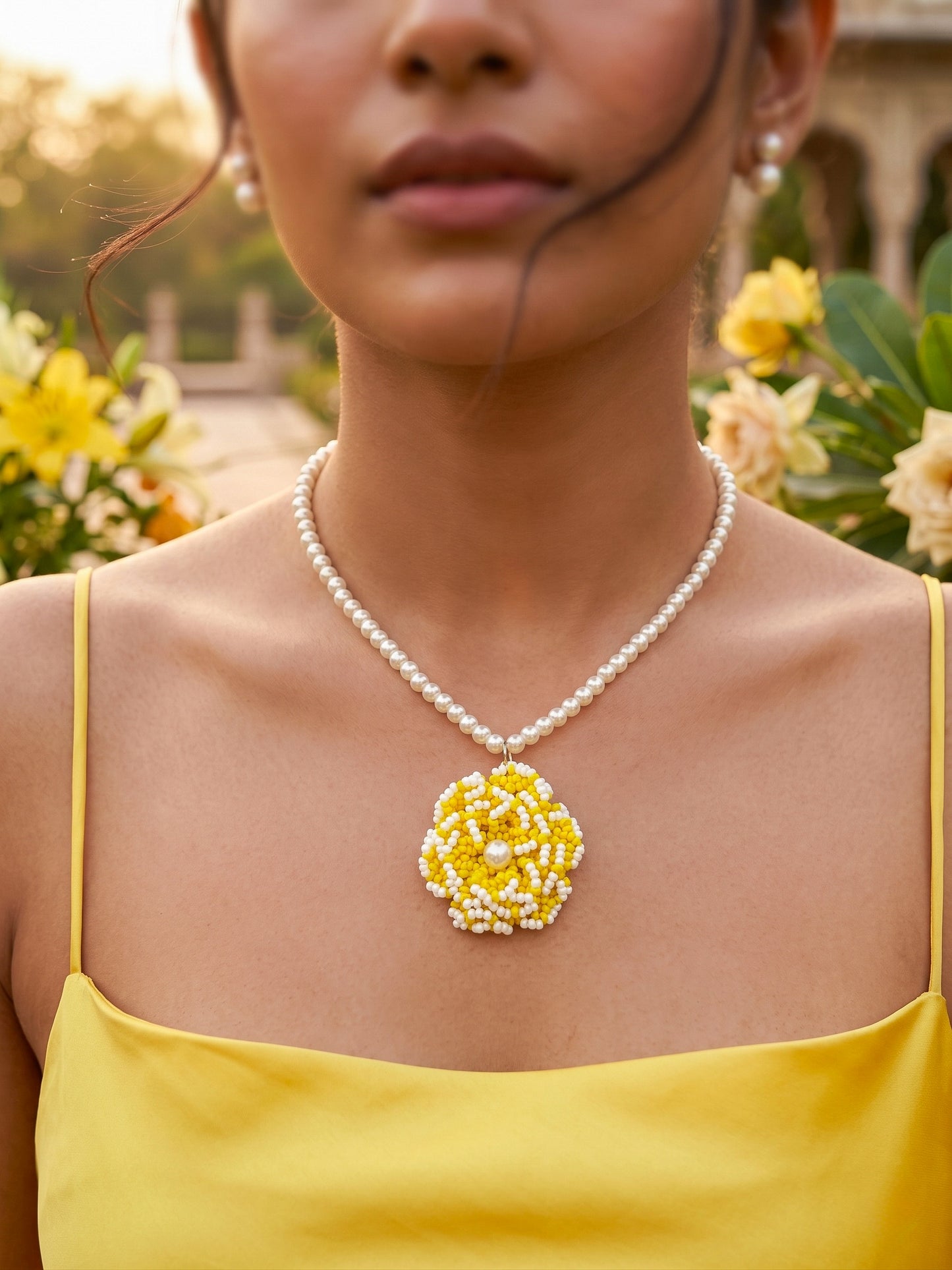 Crochet Yellow White 3D Rose Flower Handmade Beaded Necklace
