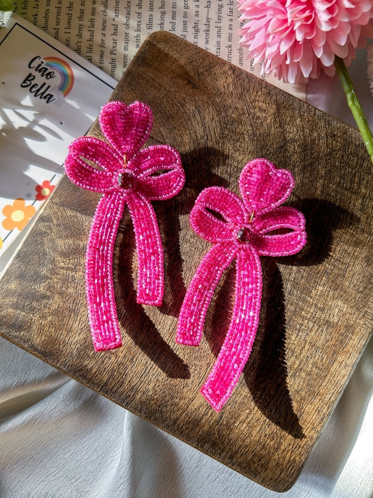 Glam Bow (Pink) Handmade Beaded Earrings