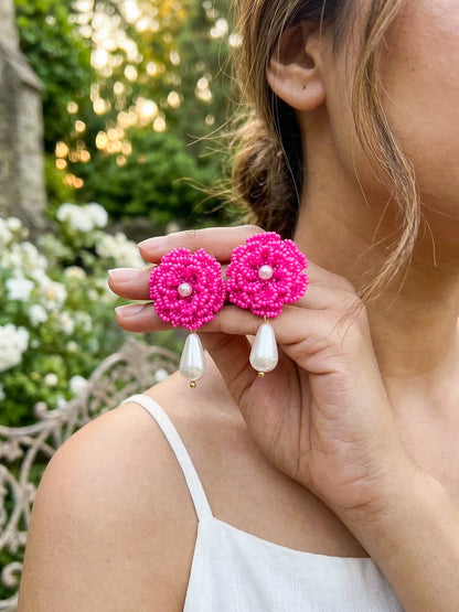 Crochet Pink 3D Rose Pearl Drops Flower Handmade Beaded Earrings