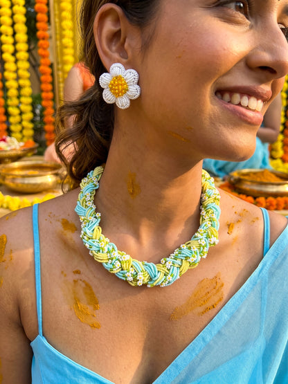 Luxe Flora Light Blue Yellow Handmade Beaded Necklace + Earrings Set