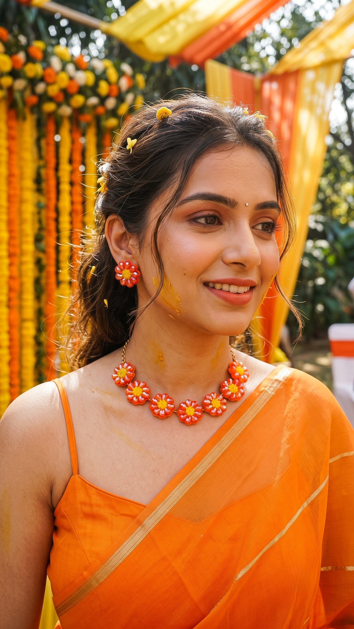 Sparkling Orange Daisy Flower Handmade Beaded Necklace + Earrings Set
