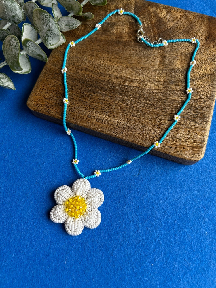 Spring Bloom Blue White Daisy Handmade Beaded Necklace