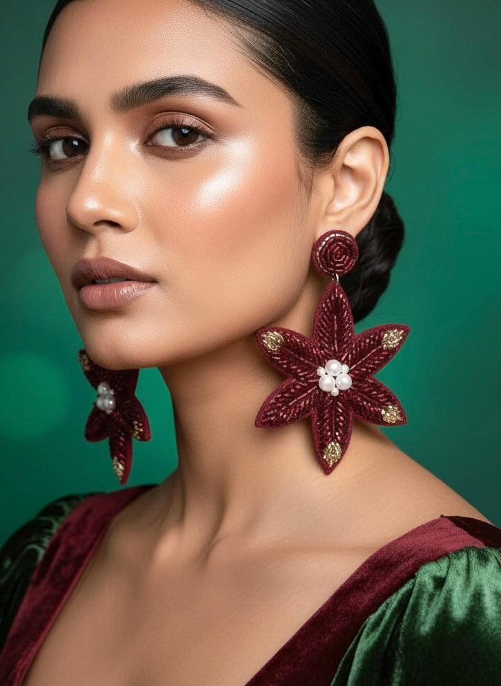 Poinsettia Petals Handmade Beaded Christmas Flower Earrings