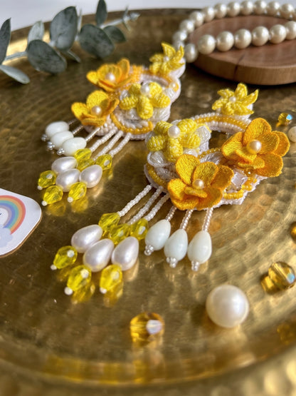 Golden Yellow Tulip 3D Flower Statement Handmade Beaded Earrings