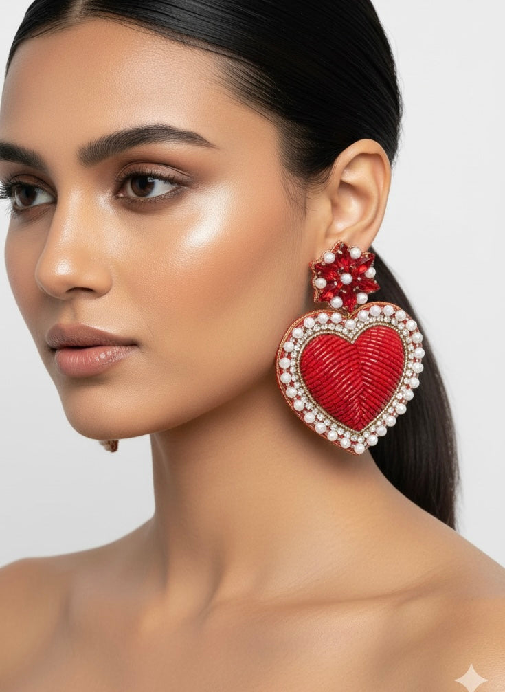 Ishqiya Red Heart Drop Handmade Beaded Earrings