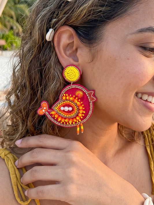 Chirpy Birdie Pink Orange Handmade Beaded Earrings
