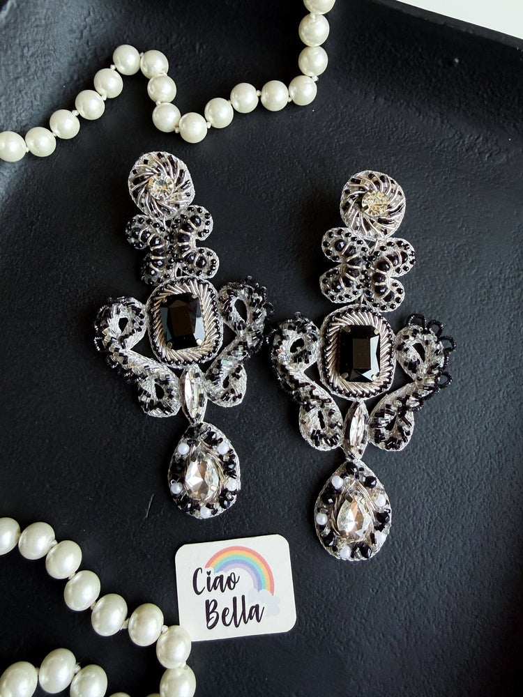 Aashna Silver Black Handmade Beaded Statement Earrings