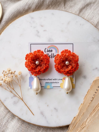 Crochet Orange 3D Rose Pearl Drops Flower Handmade Beaded Earrings