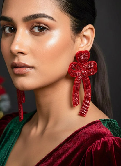 Glam Bow (Deep Red) Handmade Beaded Earrings