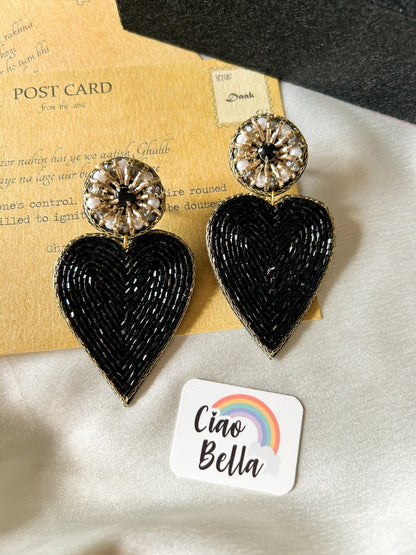 Glam Black Heart Drop Handmade Beaded Earrings
