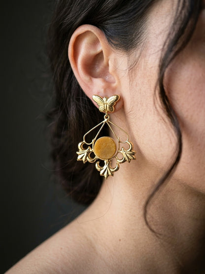 Elowen Butterfly Drops Mustard Beige Handmade Brass Earrings