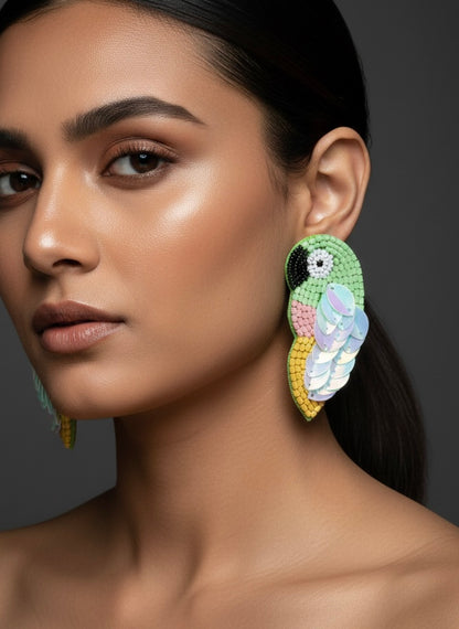Green Parrot Handmade Beaded Bird Earrings