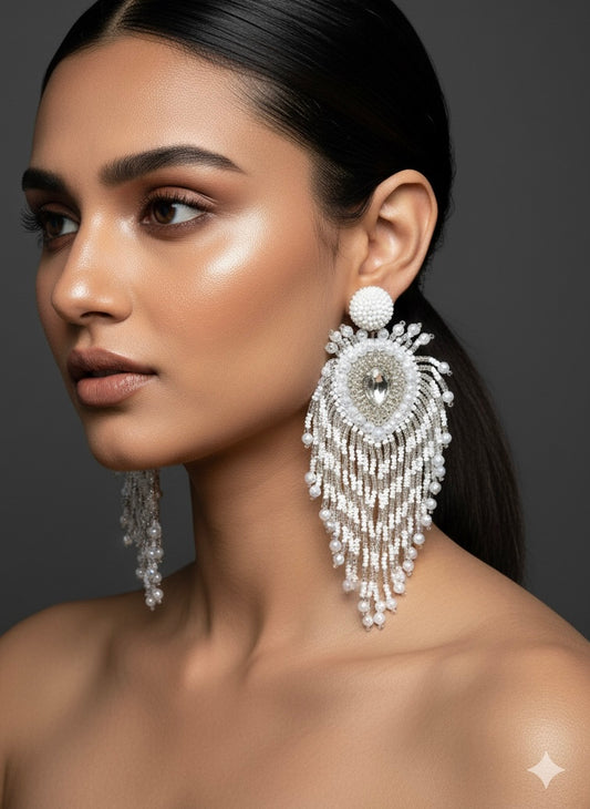 Noorani Peacock Handmade Beaded Bird Feather Tassel Earrings