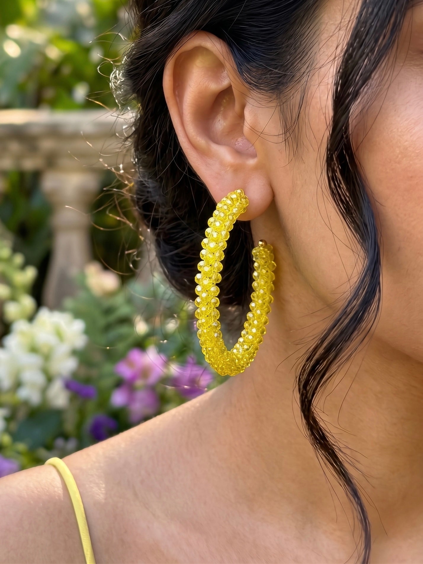 Woven Yellow Crystal Handmade Beaded Hoop Earrings