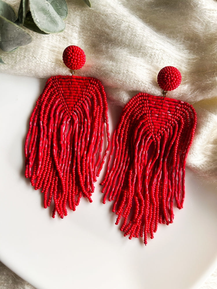 Luxe Crimson Handmade Beaded Tassel Earrings