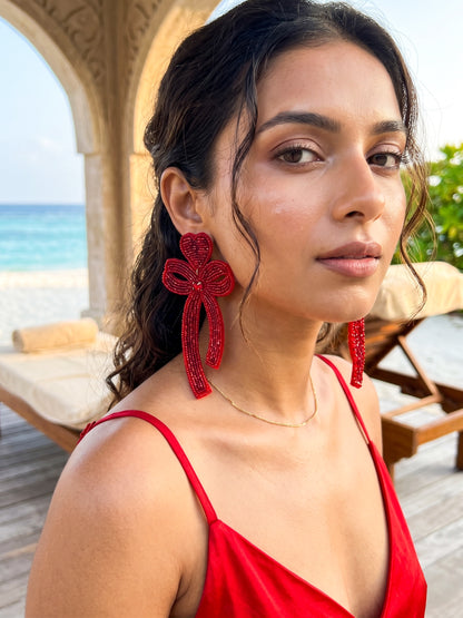 Glam Bow (Deep Red) Handmade Beaded Earrings