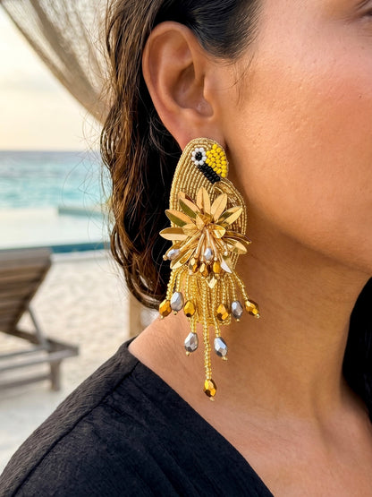 Luxe Paradise Golden Parrot Earrings Handmade Beaded Bird Earrings