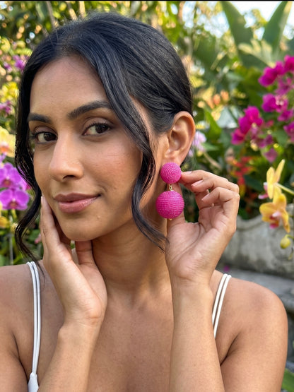 Hot Pink Round Drop Handmade Beaded Earrings