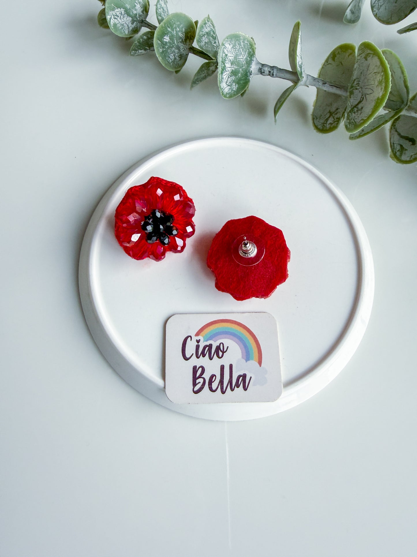 Sparkling Red Daisy Handmade Beaded Necklace + Earrings Set