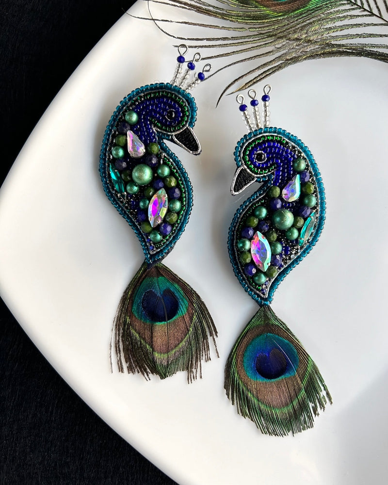 Regal Peacock Handmade Beaded Bird Earrings