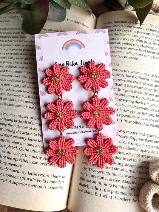 Coral Petal Drops Handmade Beaded Earrings