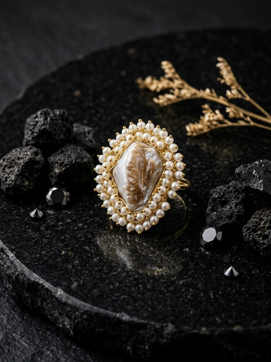 Baroque Mother of Pearl Handmade Brass Ring